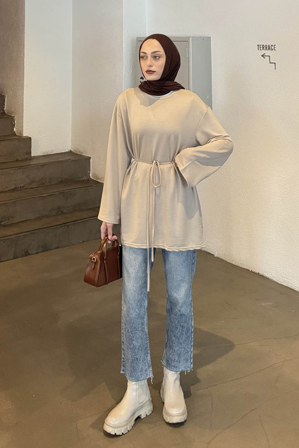 Lamelif Bağlama Detaylı Sweat Bej