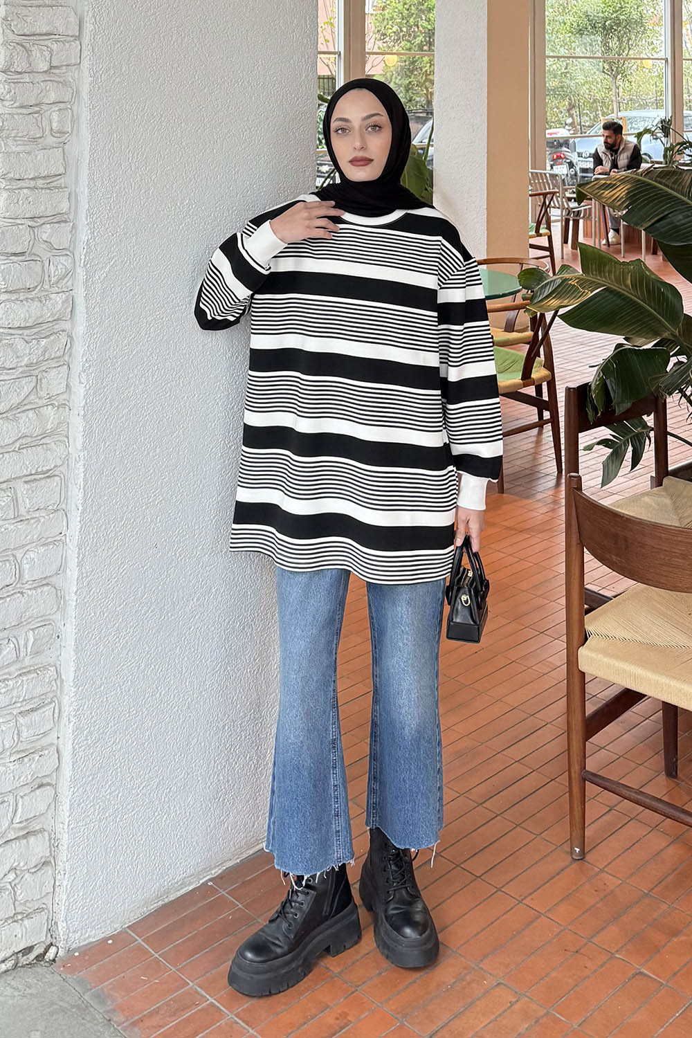 Lamelif Çizgili Sweat Siyah