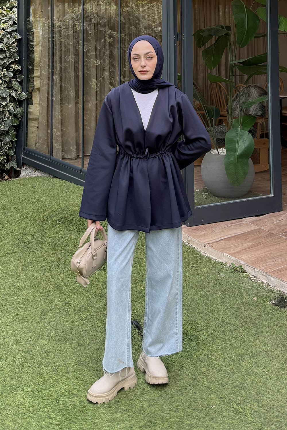 Lamelif Bağlama Detaylı Ceket Lacivert