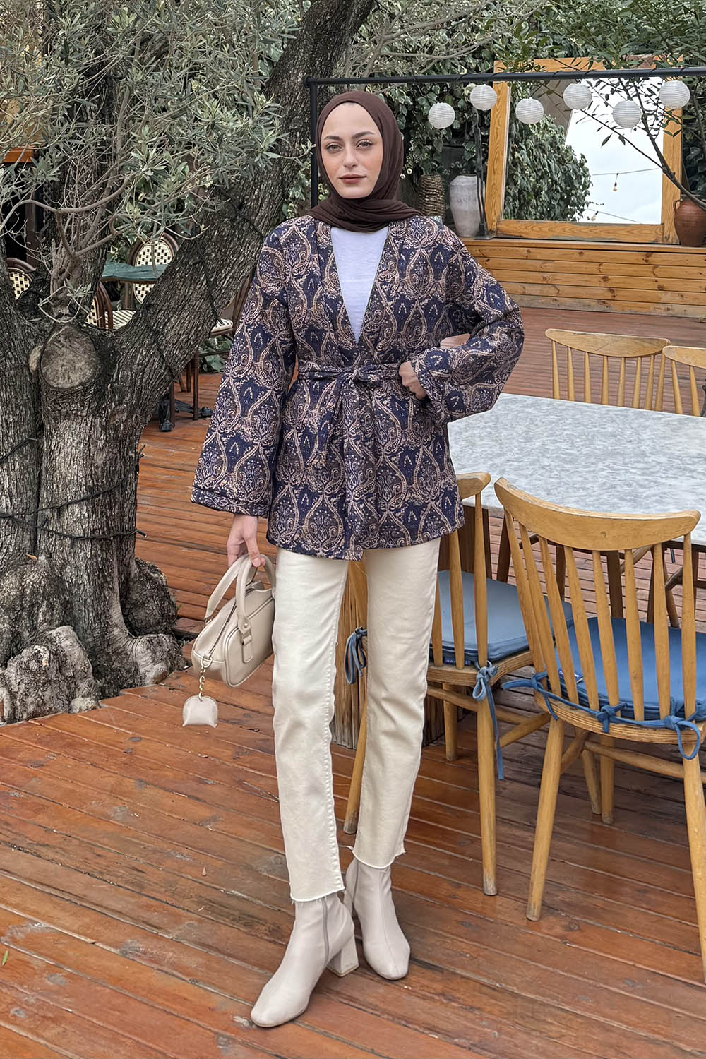 Lamelif Etnik Desen Kapitone Ceket Lacivert