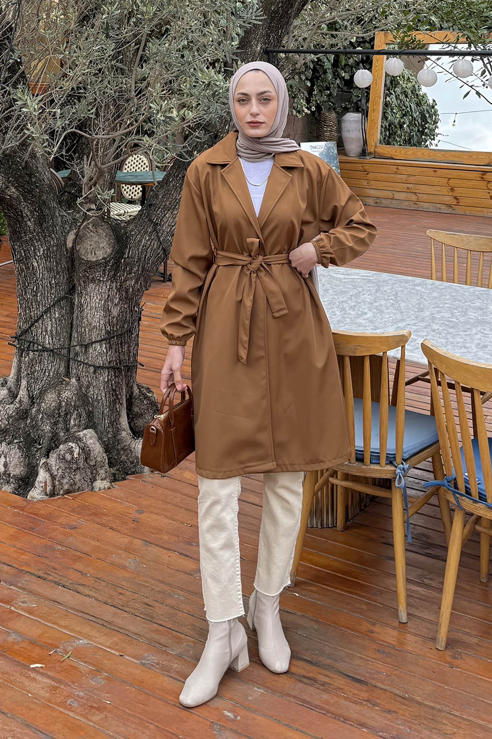 Lamelif Kol Manşet Lastikli Trençkot Taba