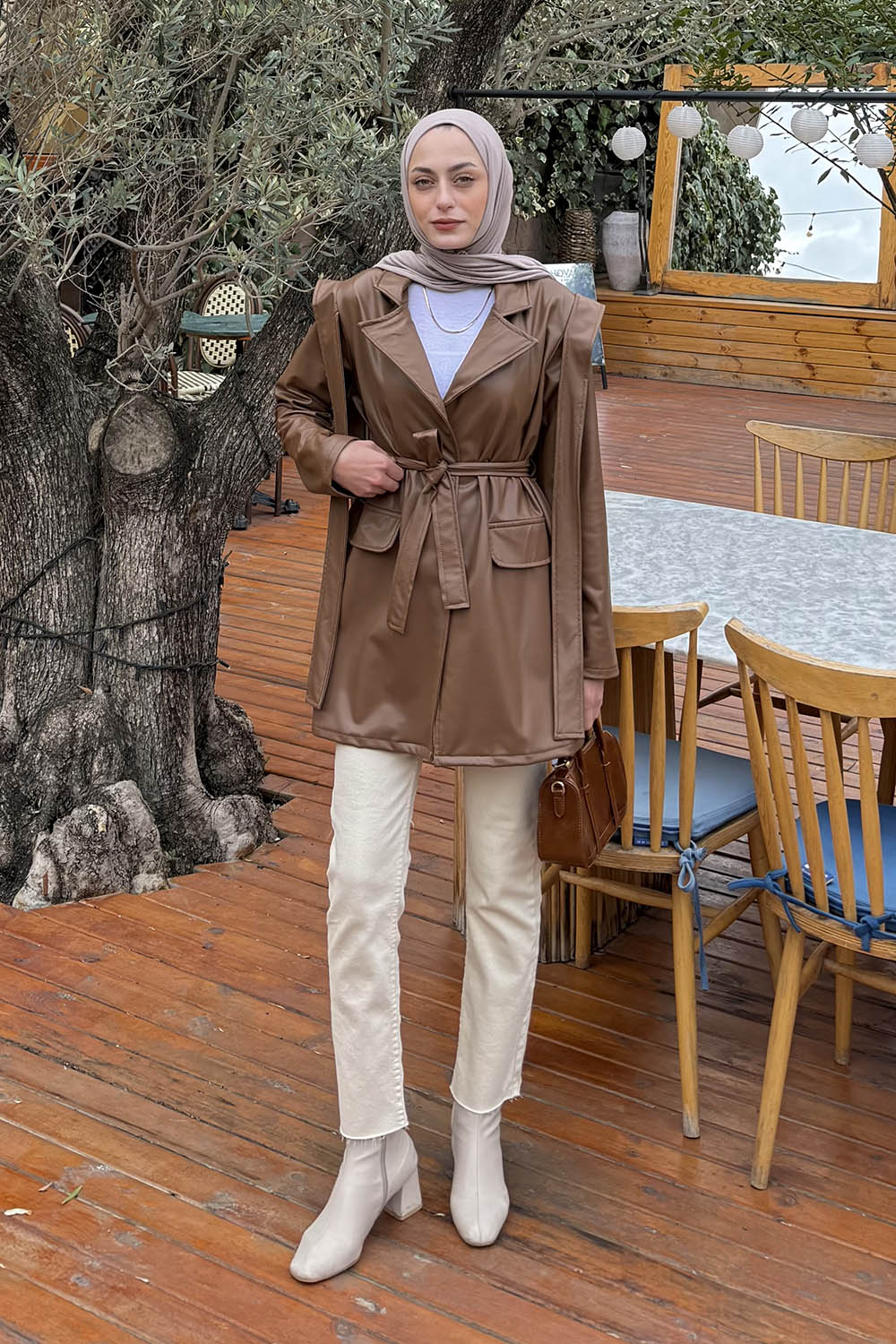 Lamelif Kruvaze Yaka Kuşaklı Deri Ceket Acı Kahve