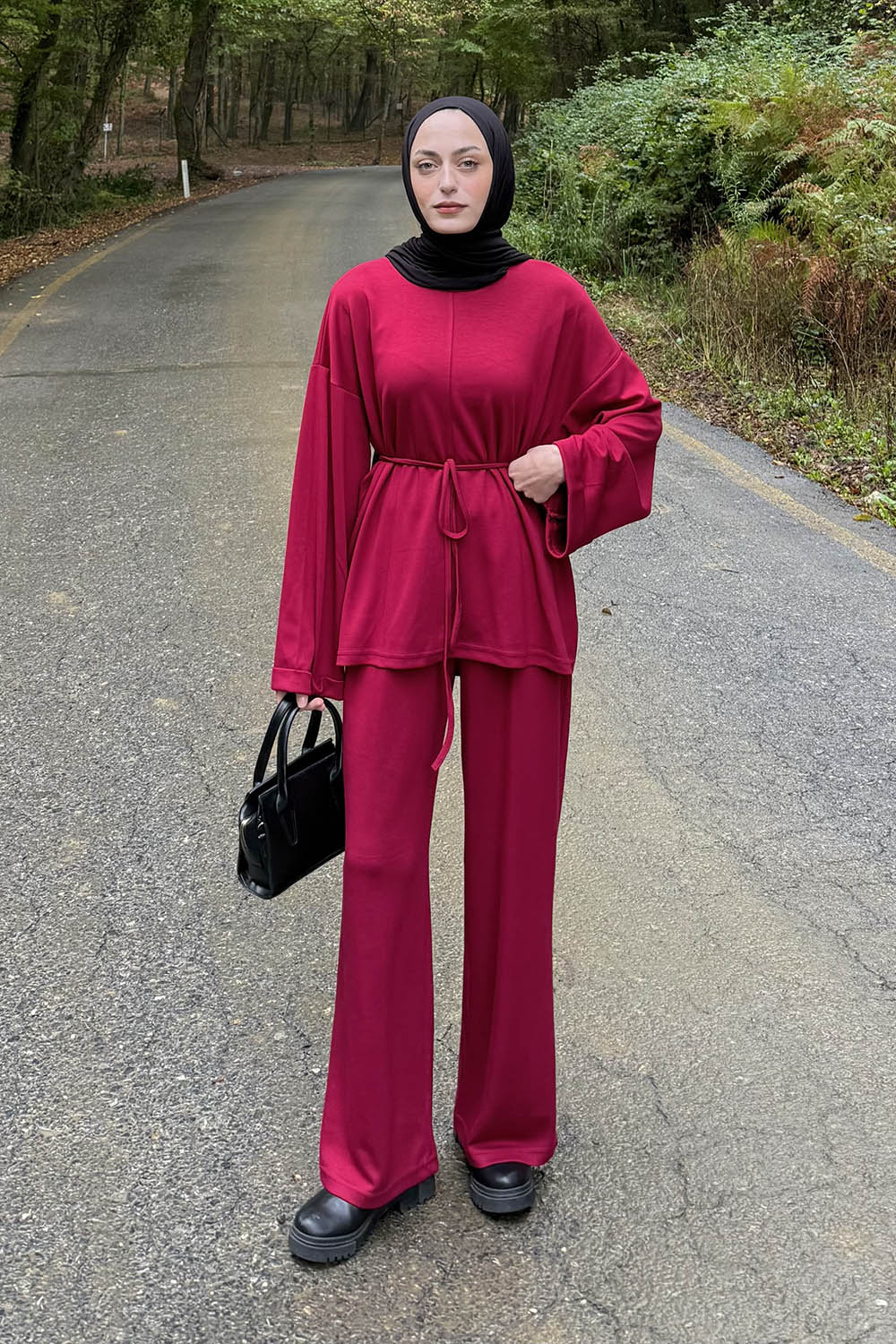 Lamelif Yırtmaç Detaylı Oysho Pantolonlu Takım Bordo