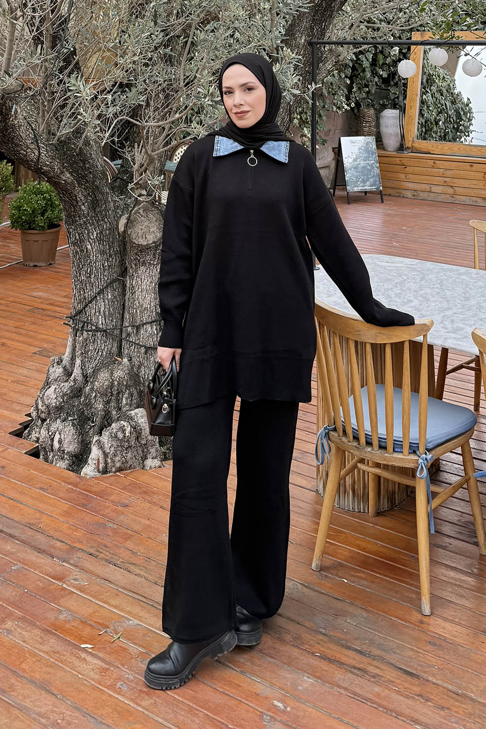 Lamelif Garnili Yaka Triko Takım Siyah