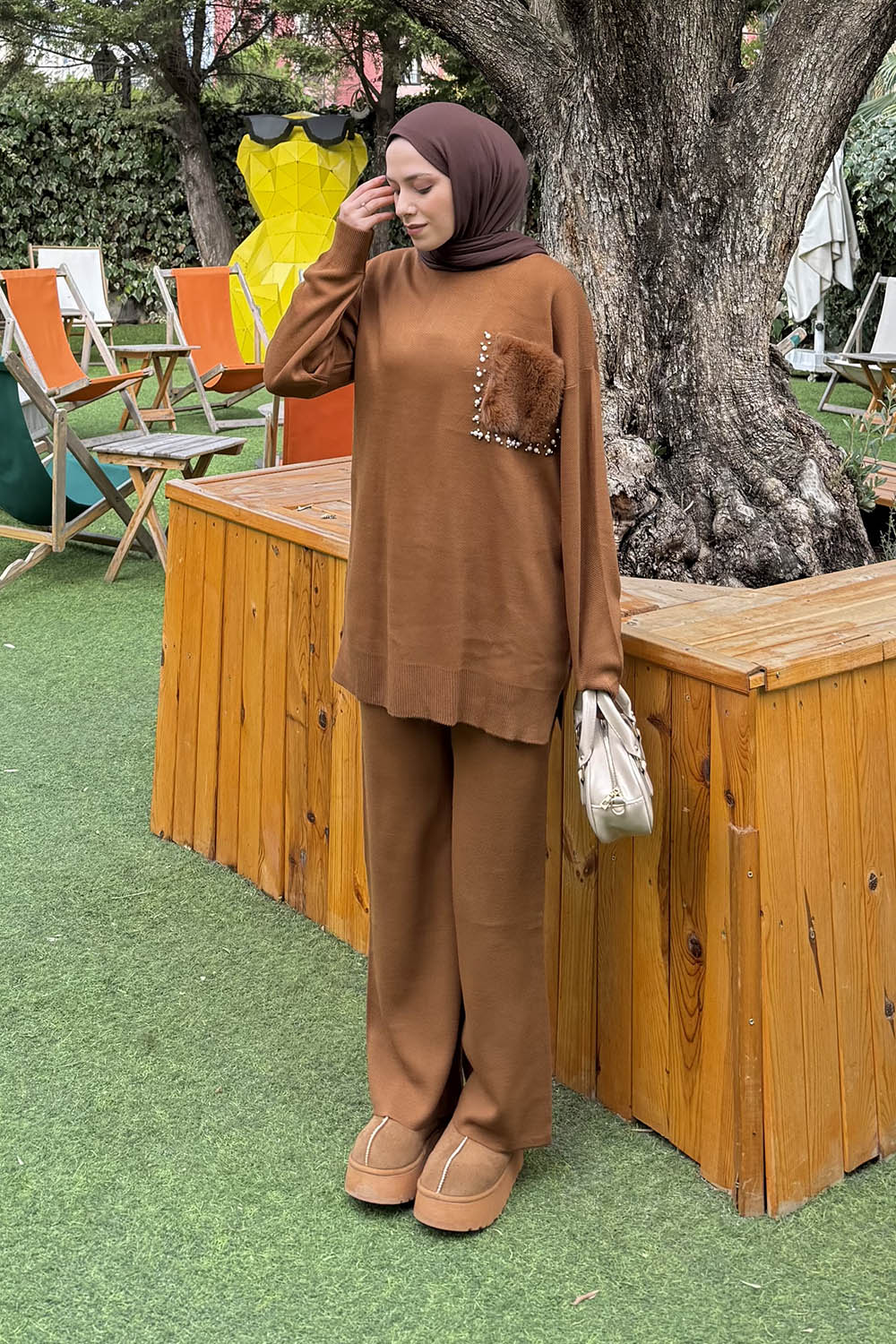 Lamelif Peluş Cep Triko Takım Camel