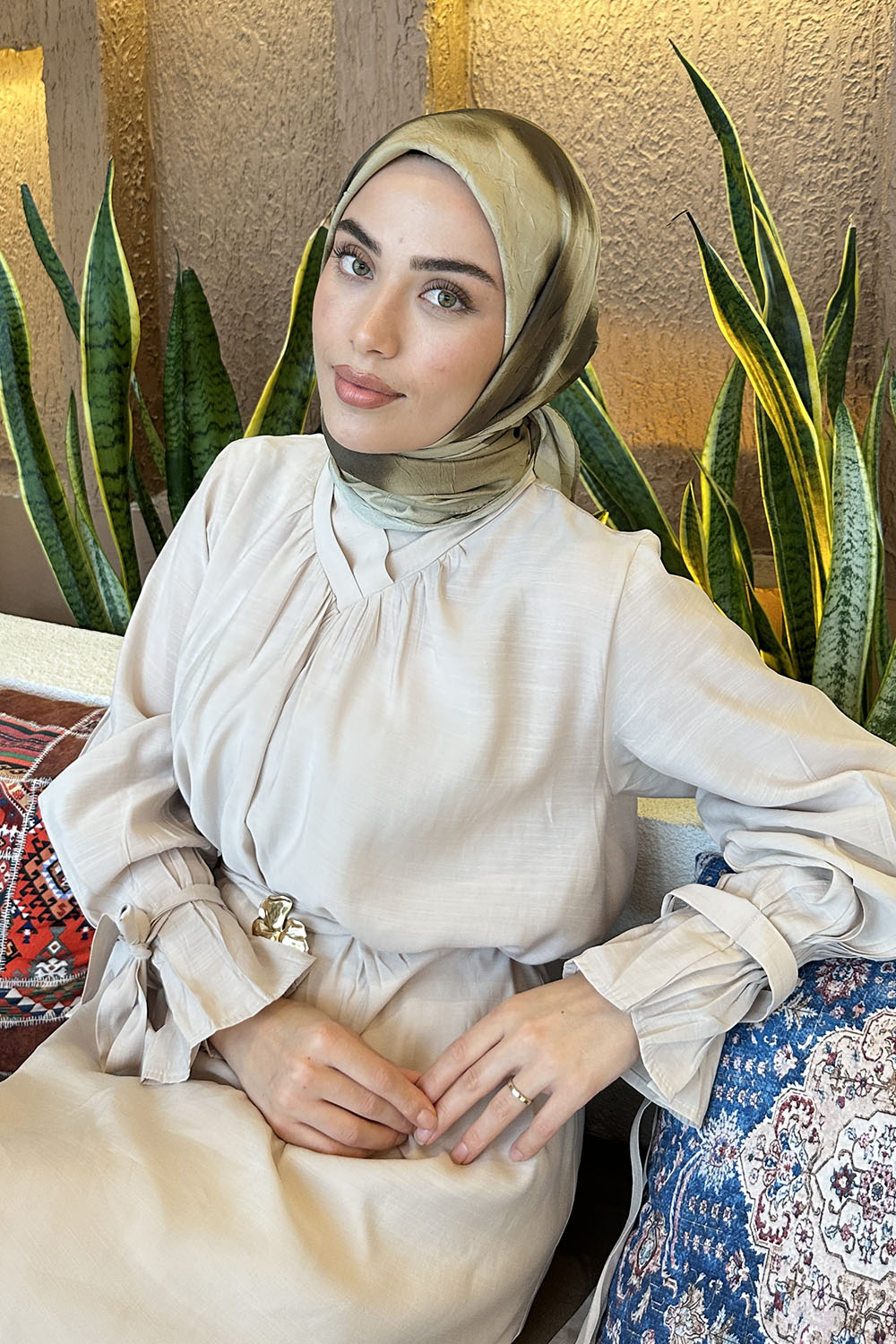 Lamelif Batik Desen Bambu Eşarp Haki