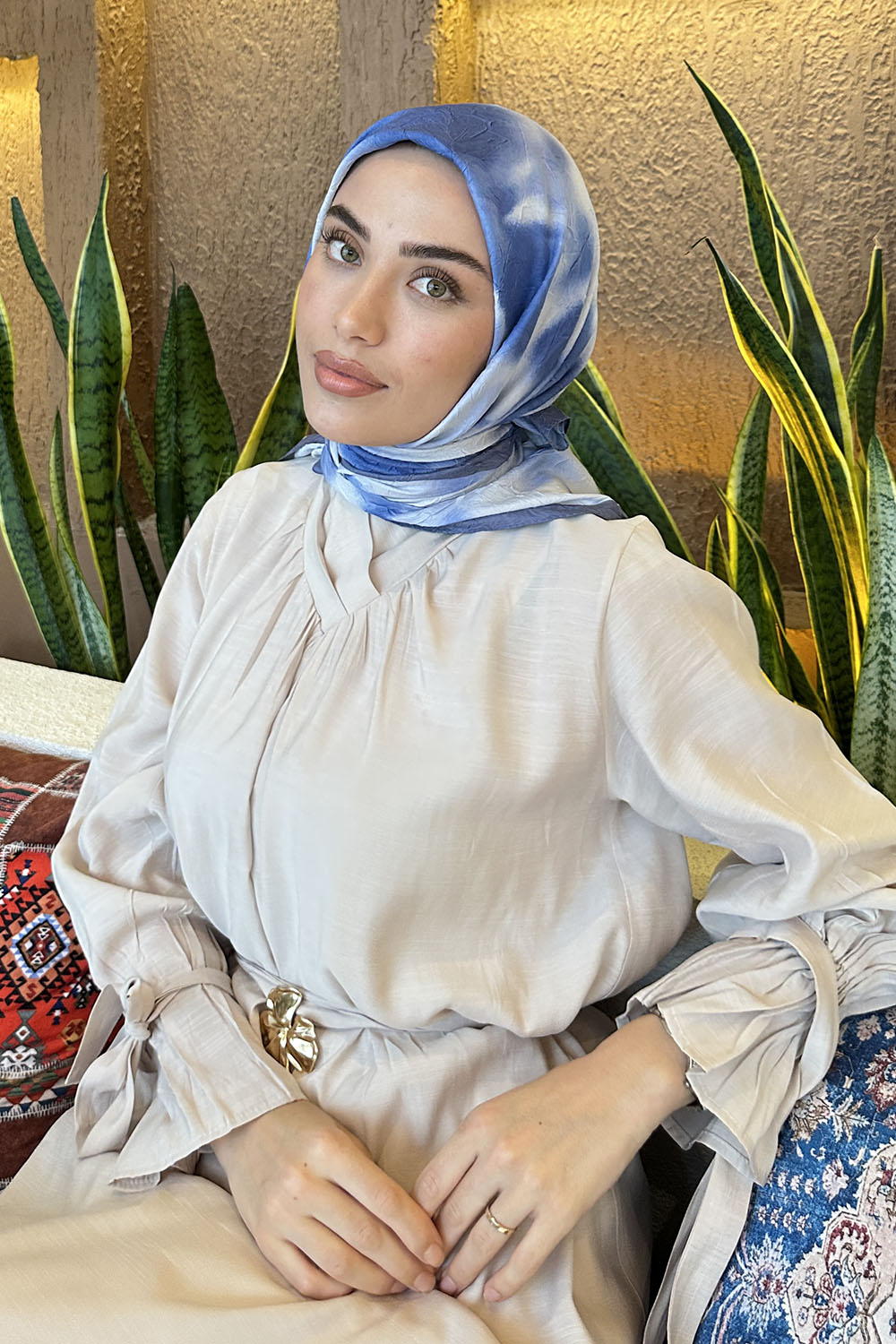 Lamelif Batik Desen Bambu Eşarp İndigo