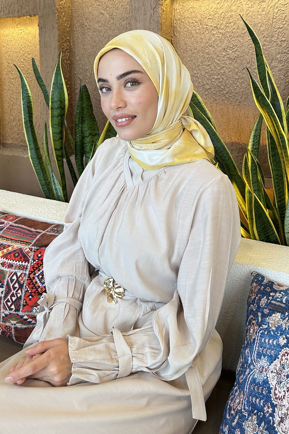 Lamelif Batik Desen Bambu Eşarp Sarı