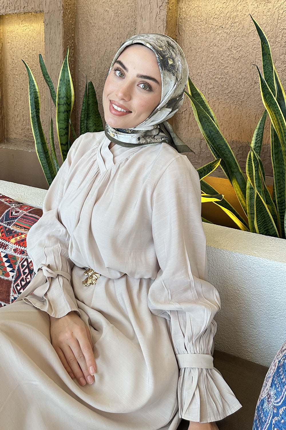 Lamelif Bohem Çiçek Desen Bambu Eşarp Asker Yeşili