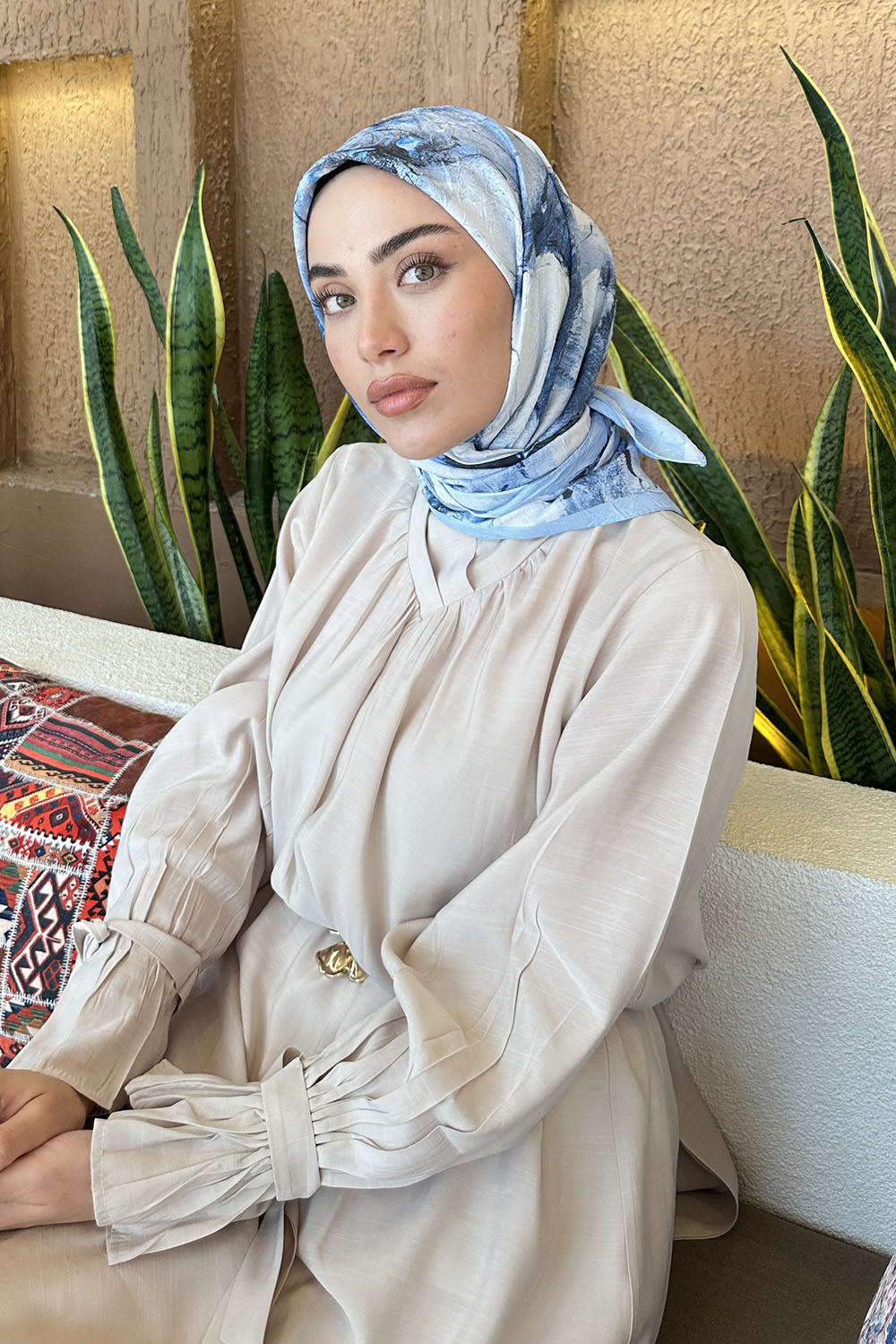 Lamelif Bohem Çiçek Desen Bambu Eşarp Bebe Mavisi