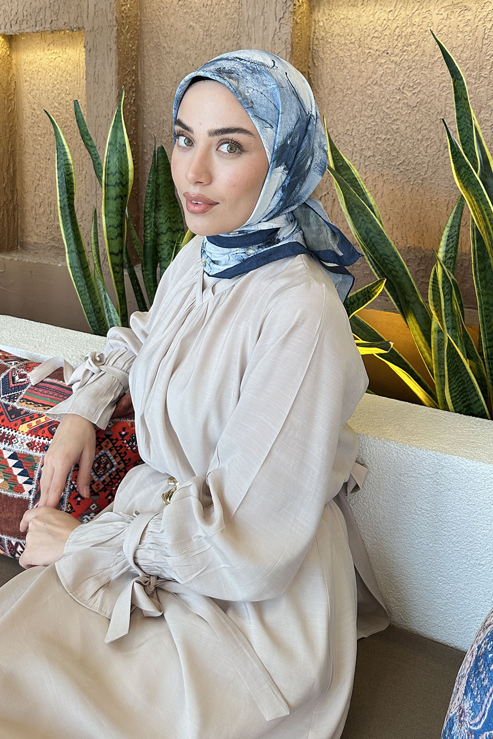 Lamelif Bohem Çiçek Desen Bambu Eşarp Lacivert