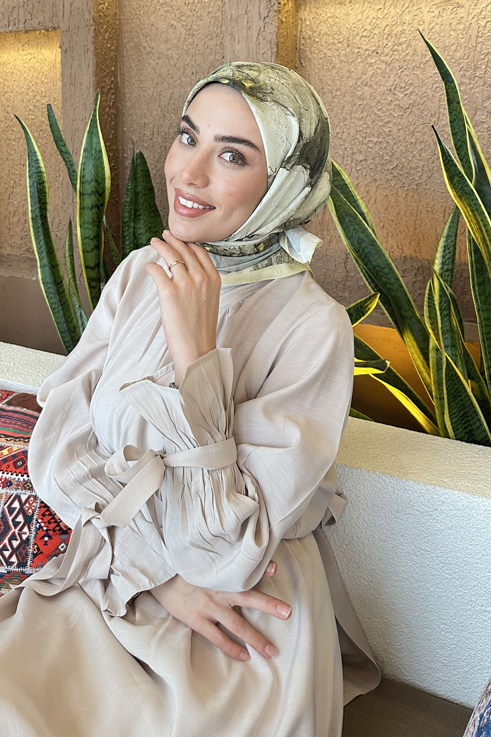 Lamelif Bohem Çiçek Desen Bambu Eşarp Sarı