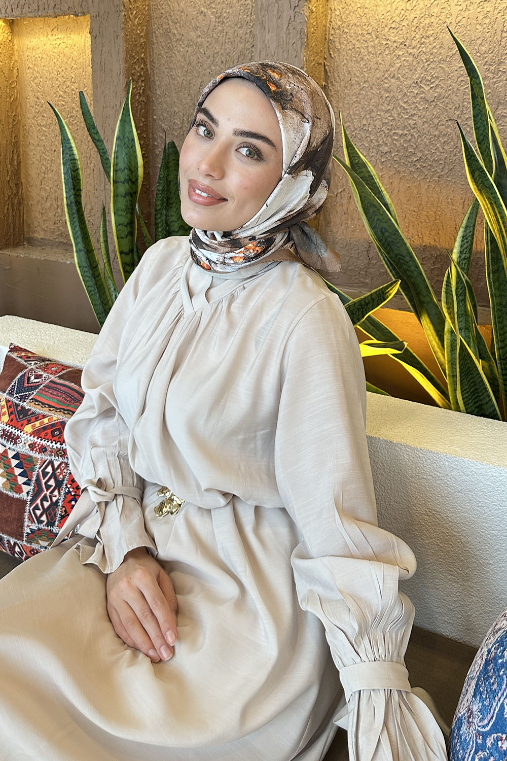 Lamelif Bohem Çiçek Desen Bambu Eşarp Sütlü Kahve