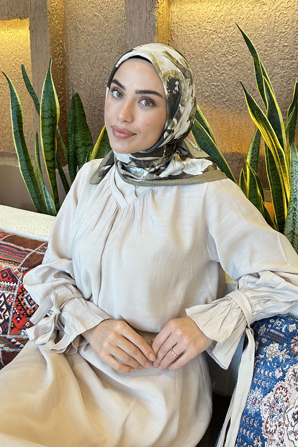 Lamelif Çiçek Desen Bambu Eşarp Mint Yeşili