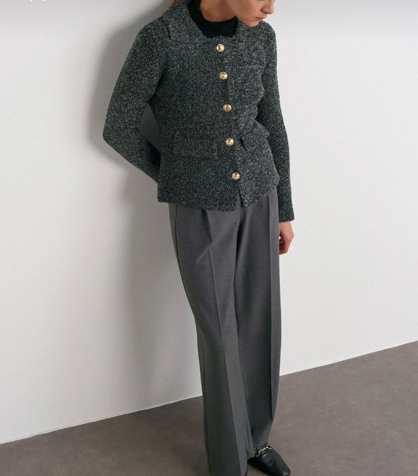 Lamelif Dilvin Polo Yaka Düğmeli Cep Detaylı Triko Hırka-Antrasit