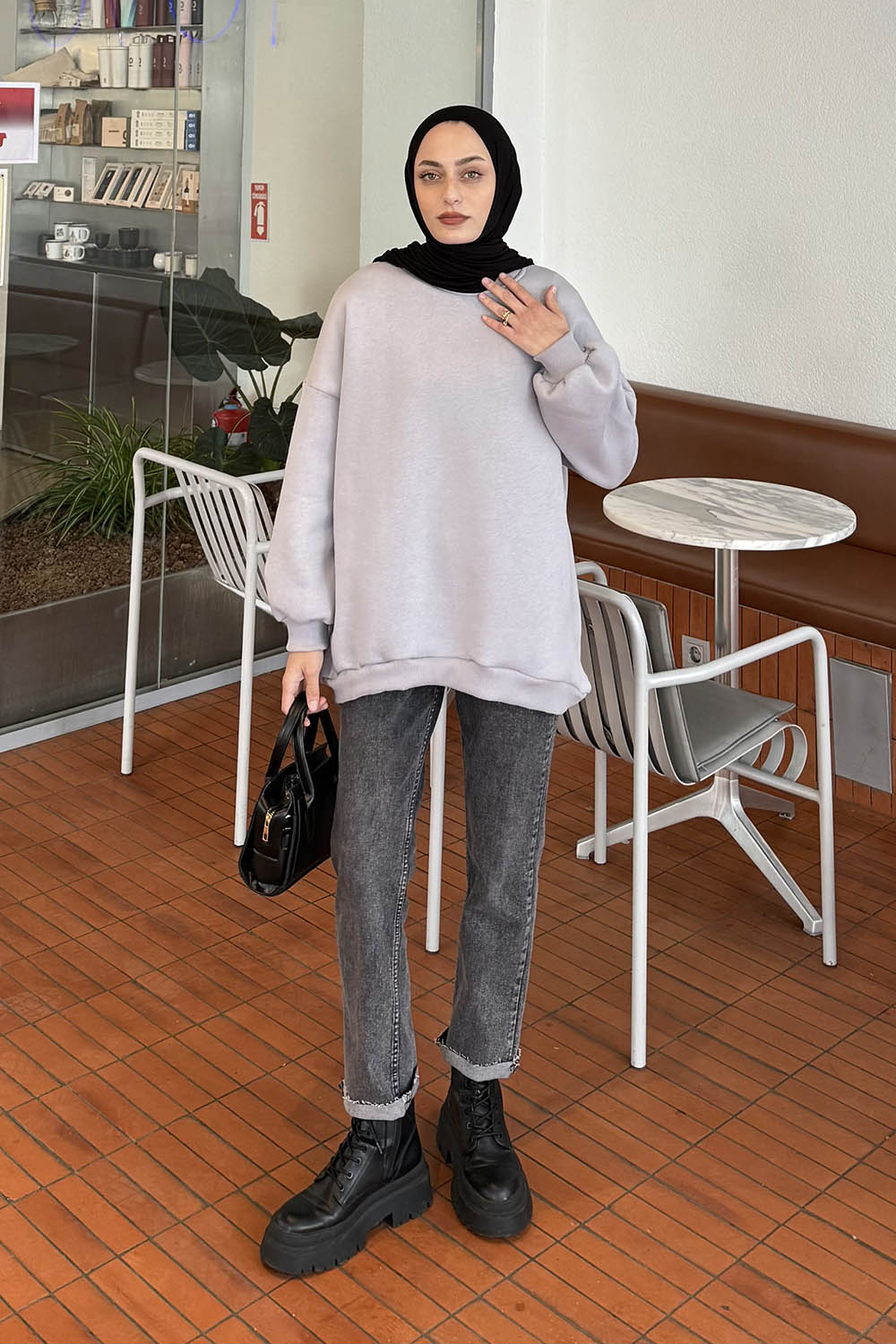 Lamelif Jasmin Bisiklet Yaka Oversize Sweat Açık Gri