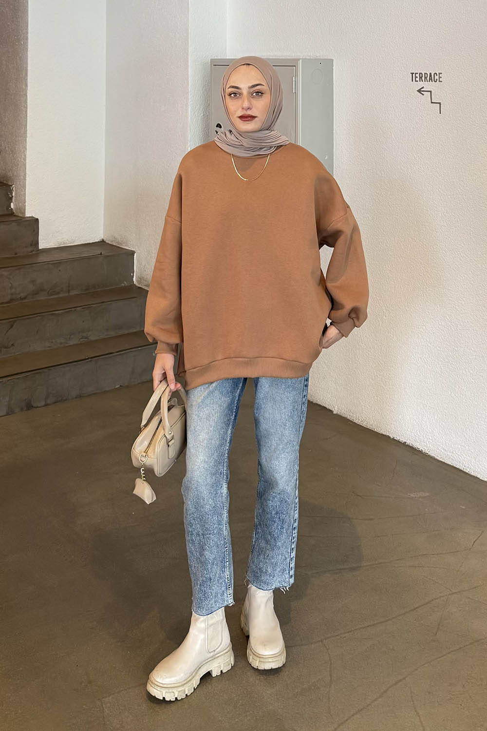 Lamelif Jasmin Bisiklet Yaka Oversize Sweat Camel