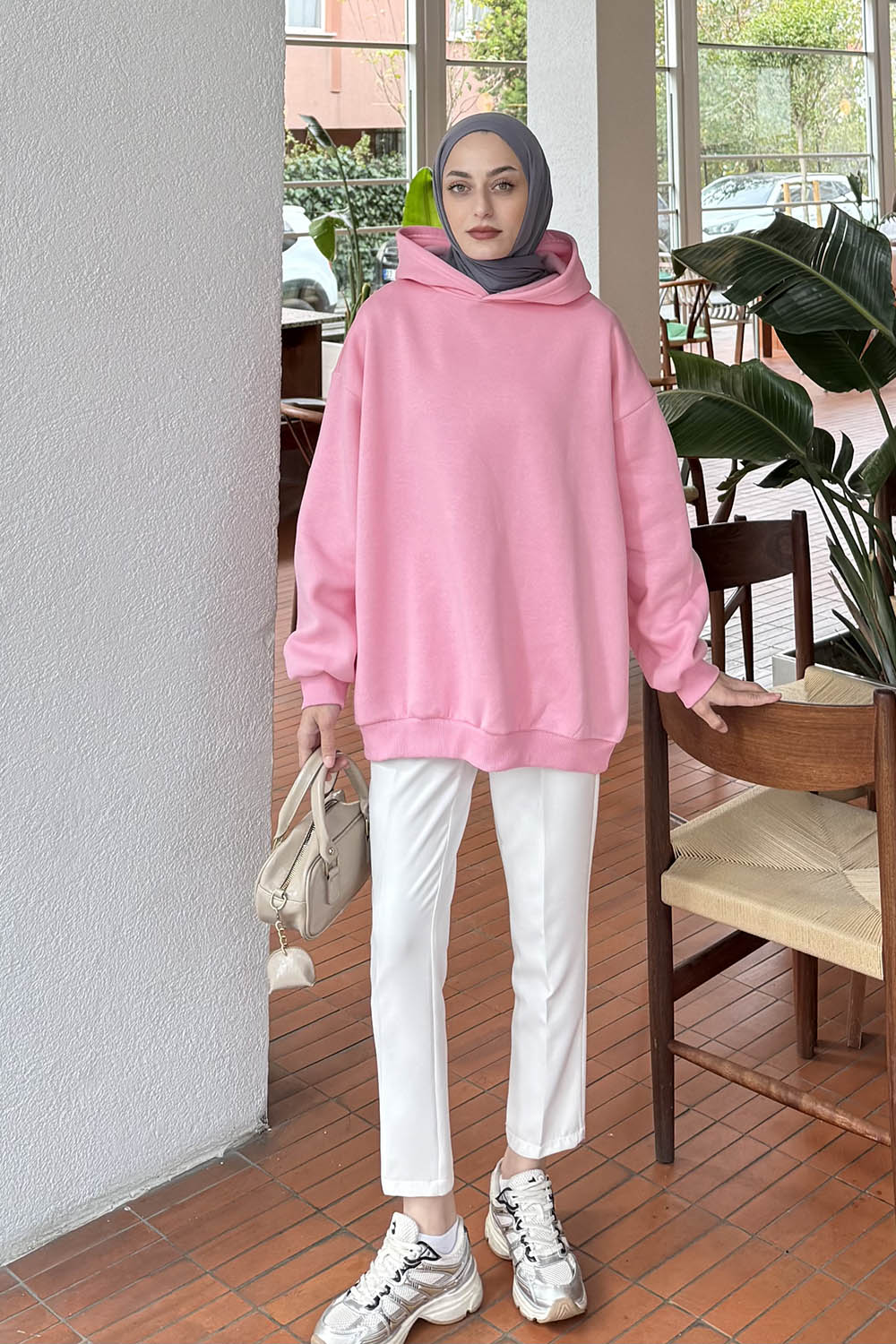 Lamelif Kapüşonlu Salaş Sweatshirt Şeker Pembesi