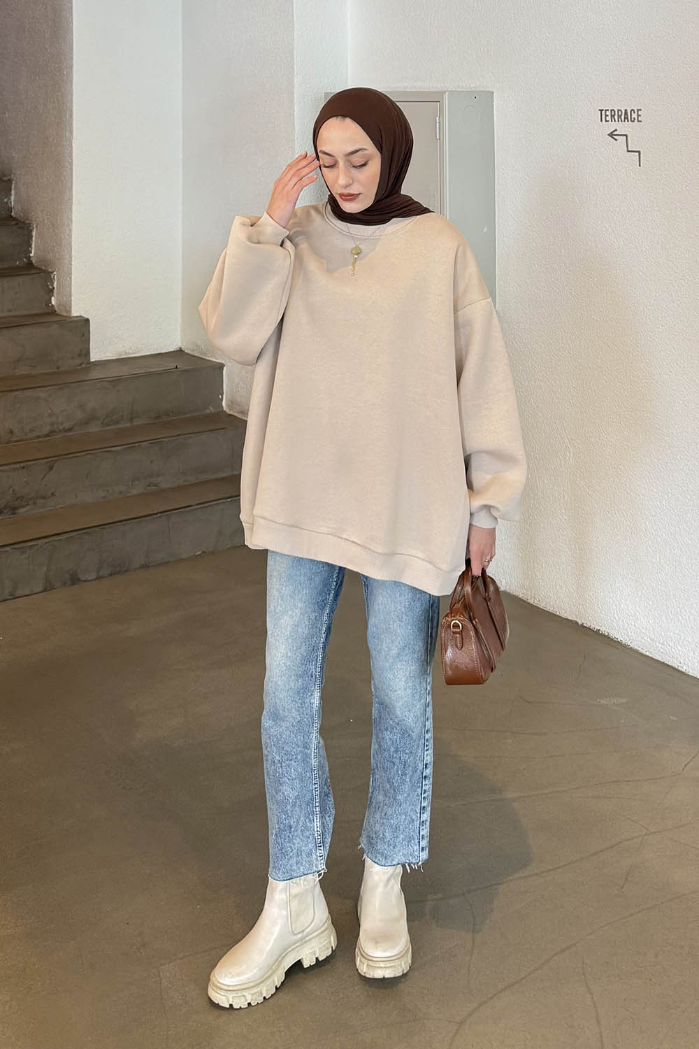 Lamelif Oversize Sweatshirt Krem