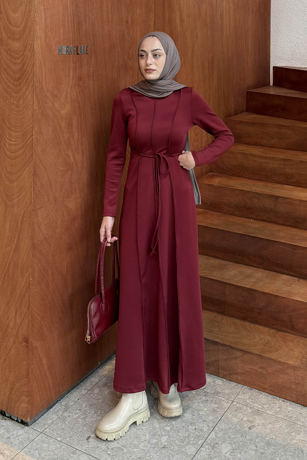 Lamelif Dalgıç Tesettür Elbise Bordo