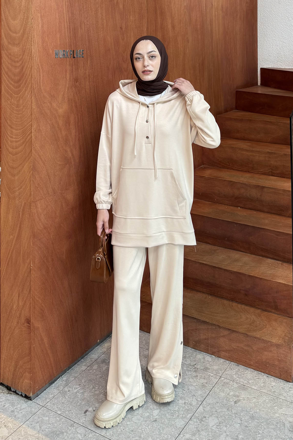 Lamelif Düğme Detaylı İkili Tesettür Takım Bej