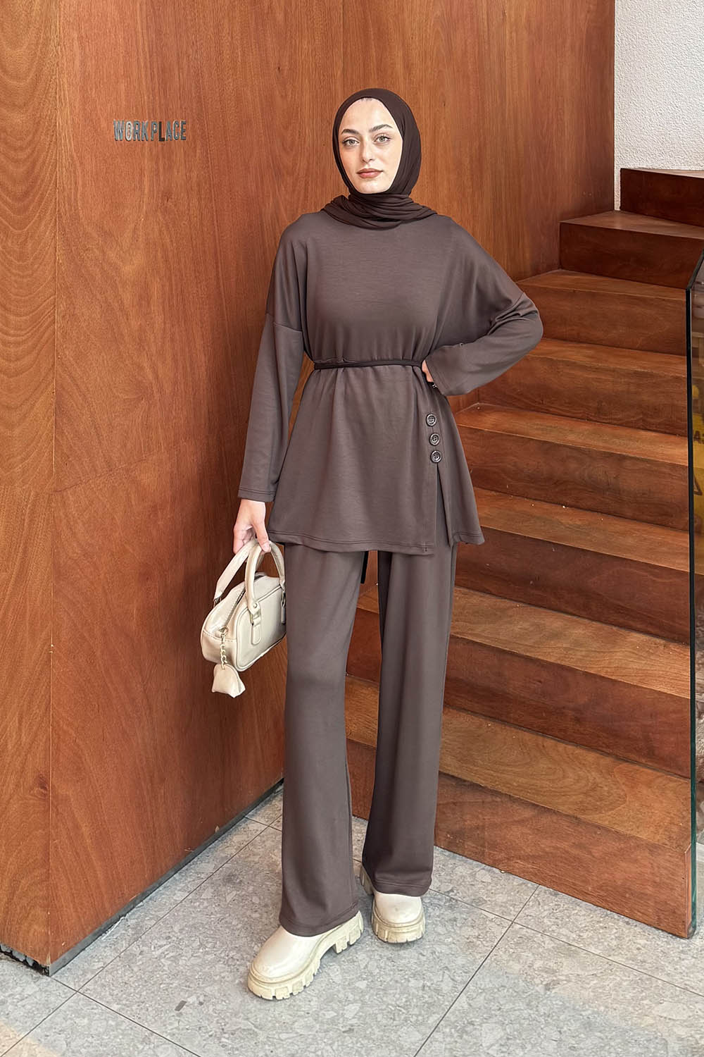 Lamelif Düğmeli İkili Takım Acı Kahve