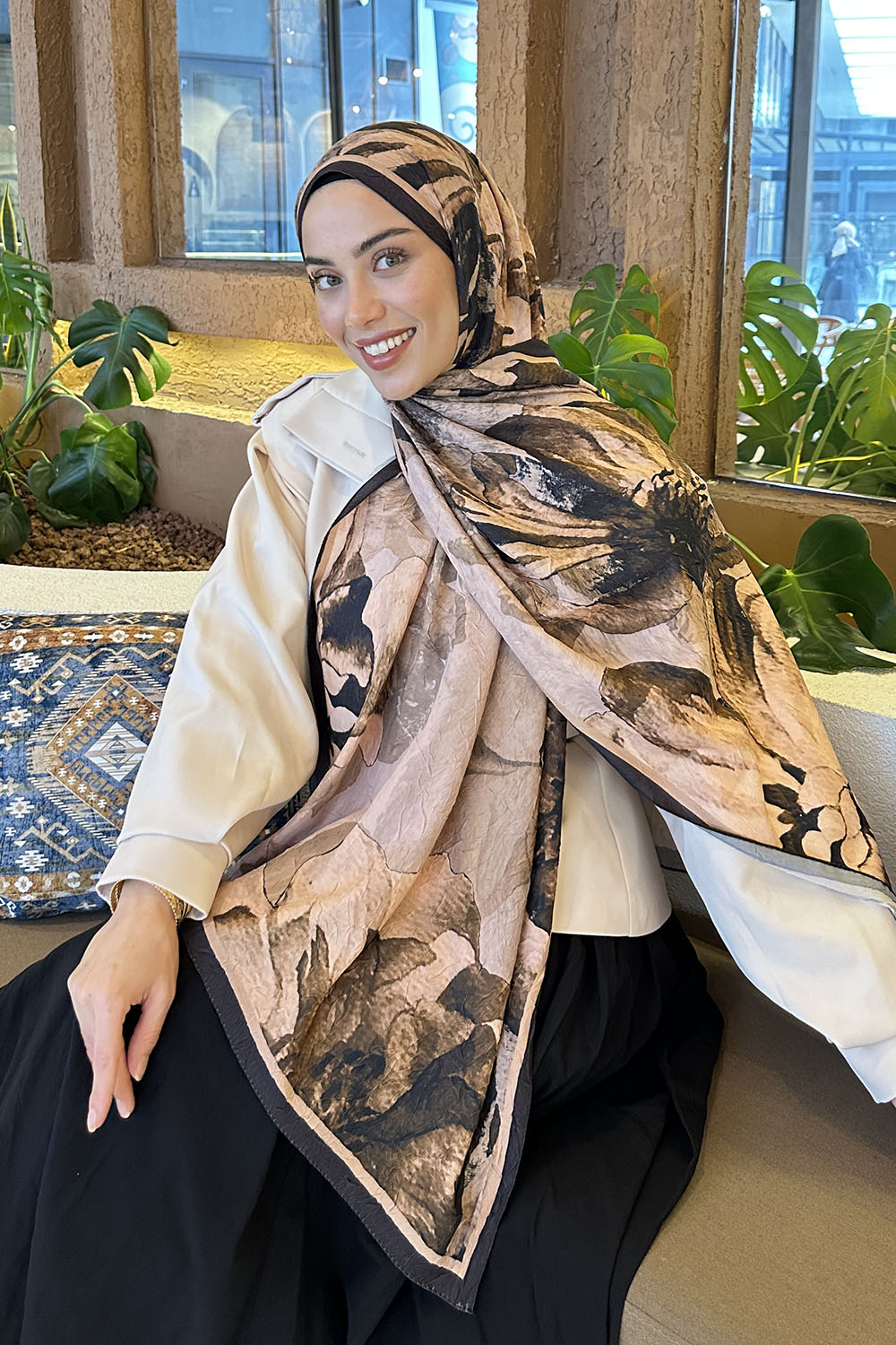 Lamelif Floral Desen Bambu Şal Camel