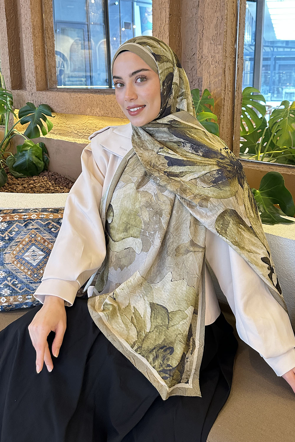 Lamelif Floral Desen Bambu Şal Mint Yeşili