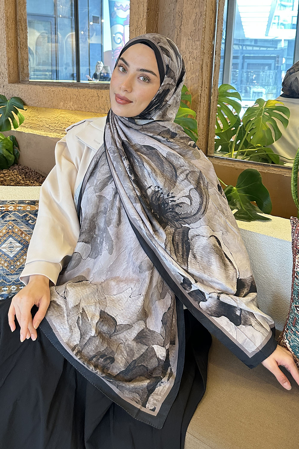 Lamelif Floral Desen Bambu Şal Siyah Vizon