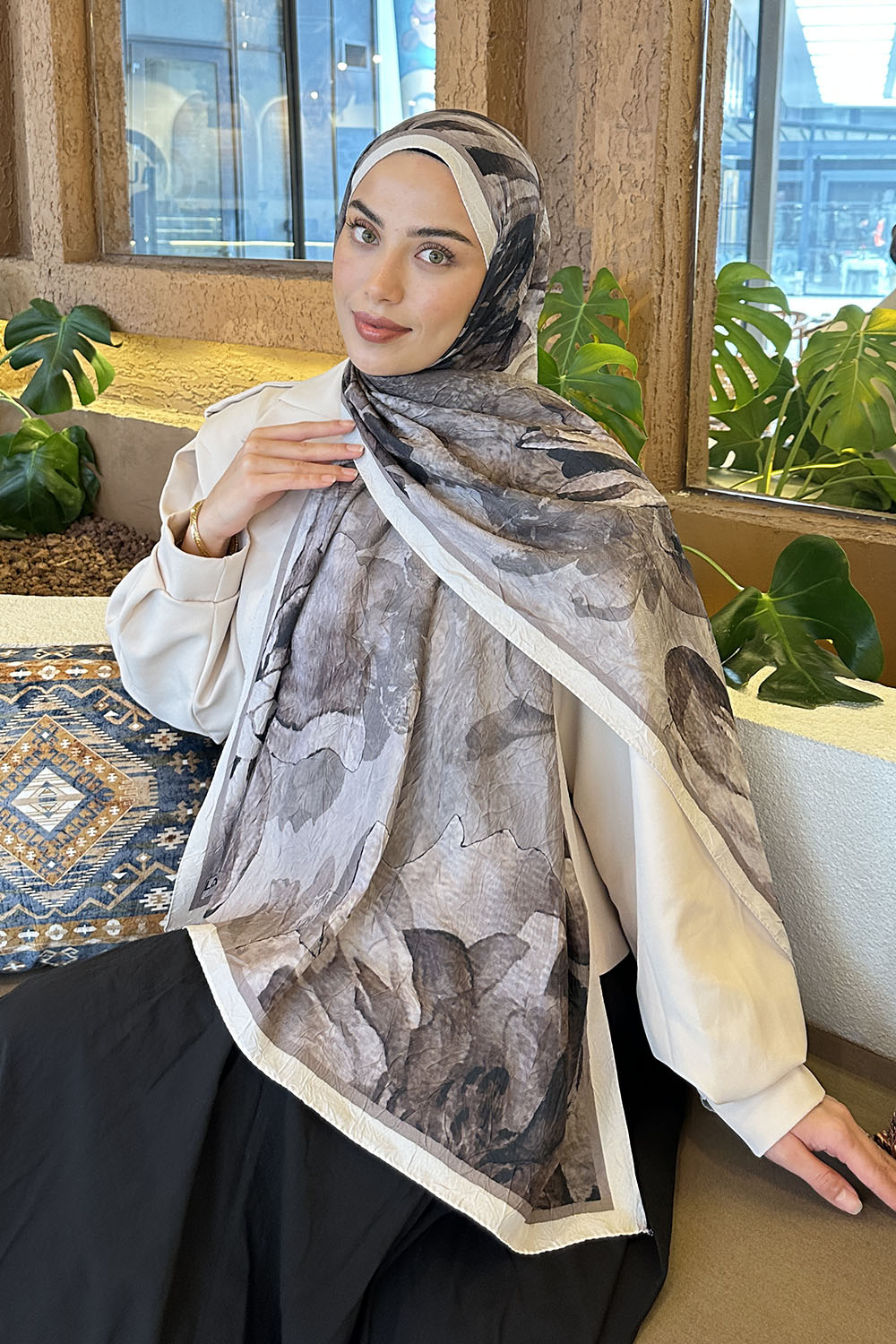 Lamelif Floral Desen Bambu Şal Toprak