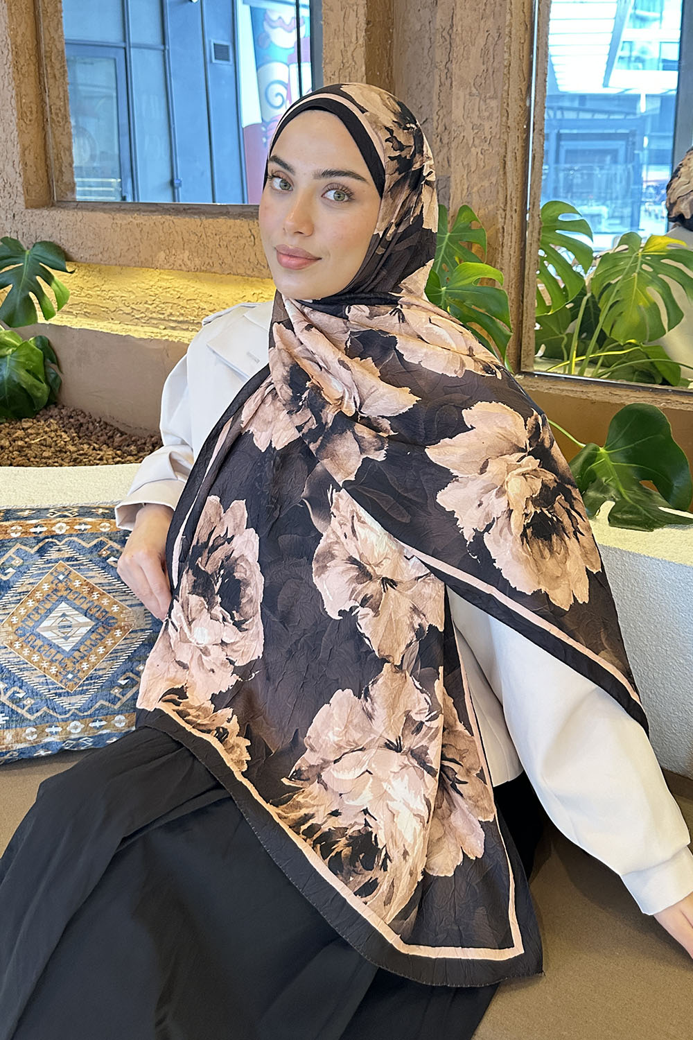 Lamelif Flower Desen Bambu Şal Acı Kahve