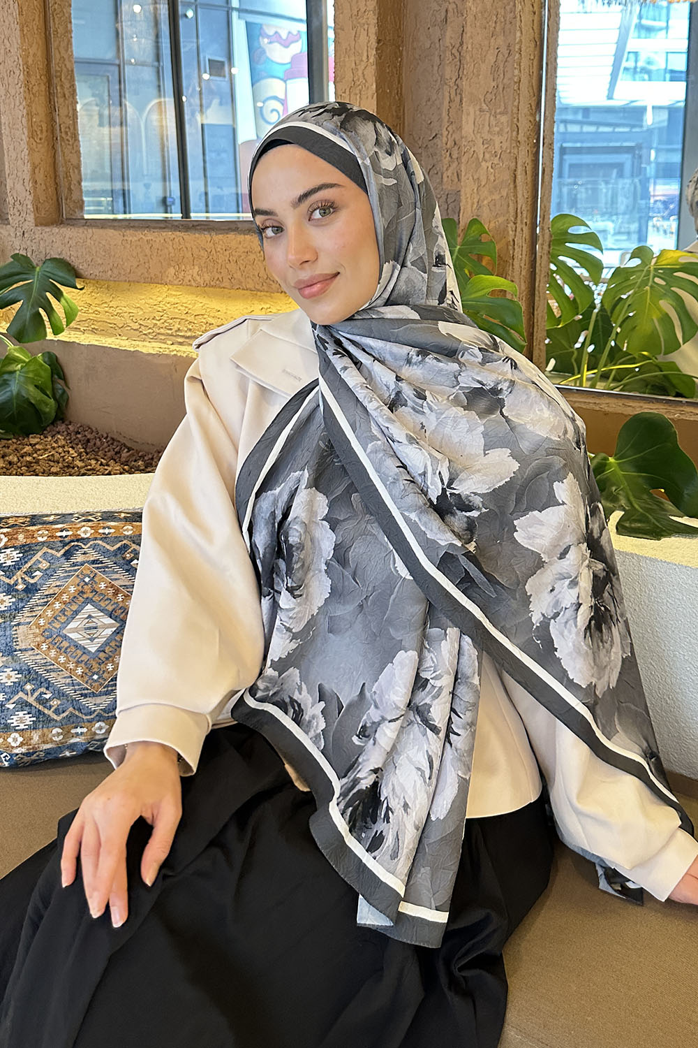 Lamelif Flower Desen Bambu Şal Antrasit