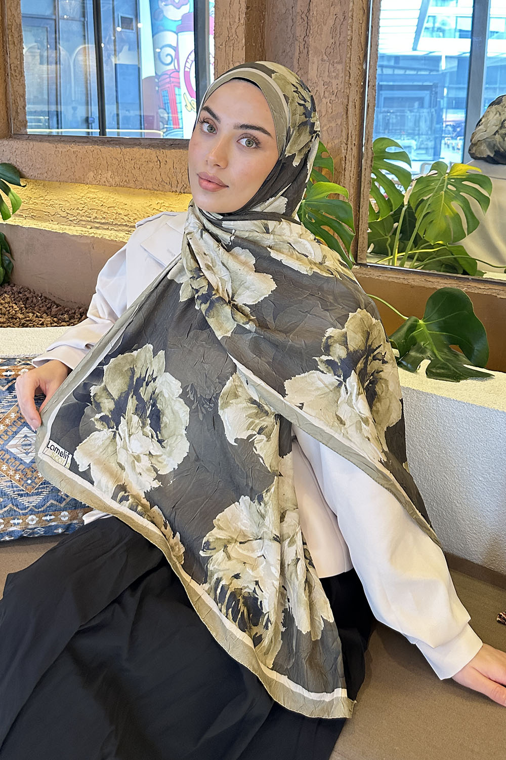 Lamelif Flower Desen Bambu Şal Asker Yeşili