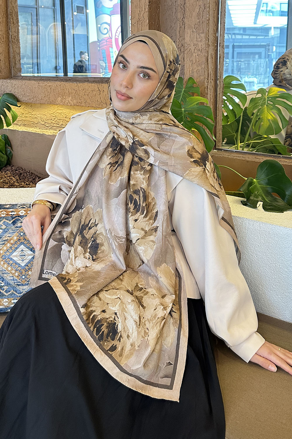 Lamelif Flower Desen Bambu Şal Camel