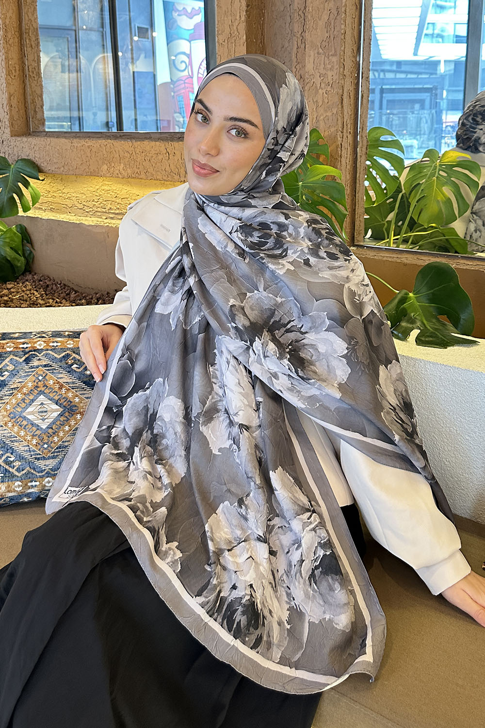 Lamelif Flower Desen Bambu Şal Gri