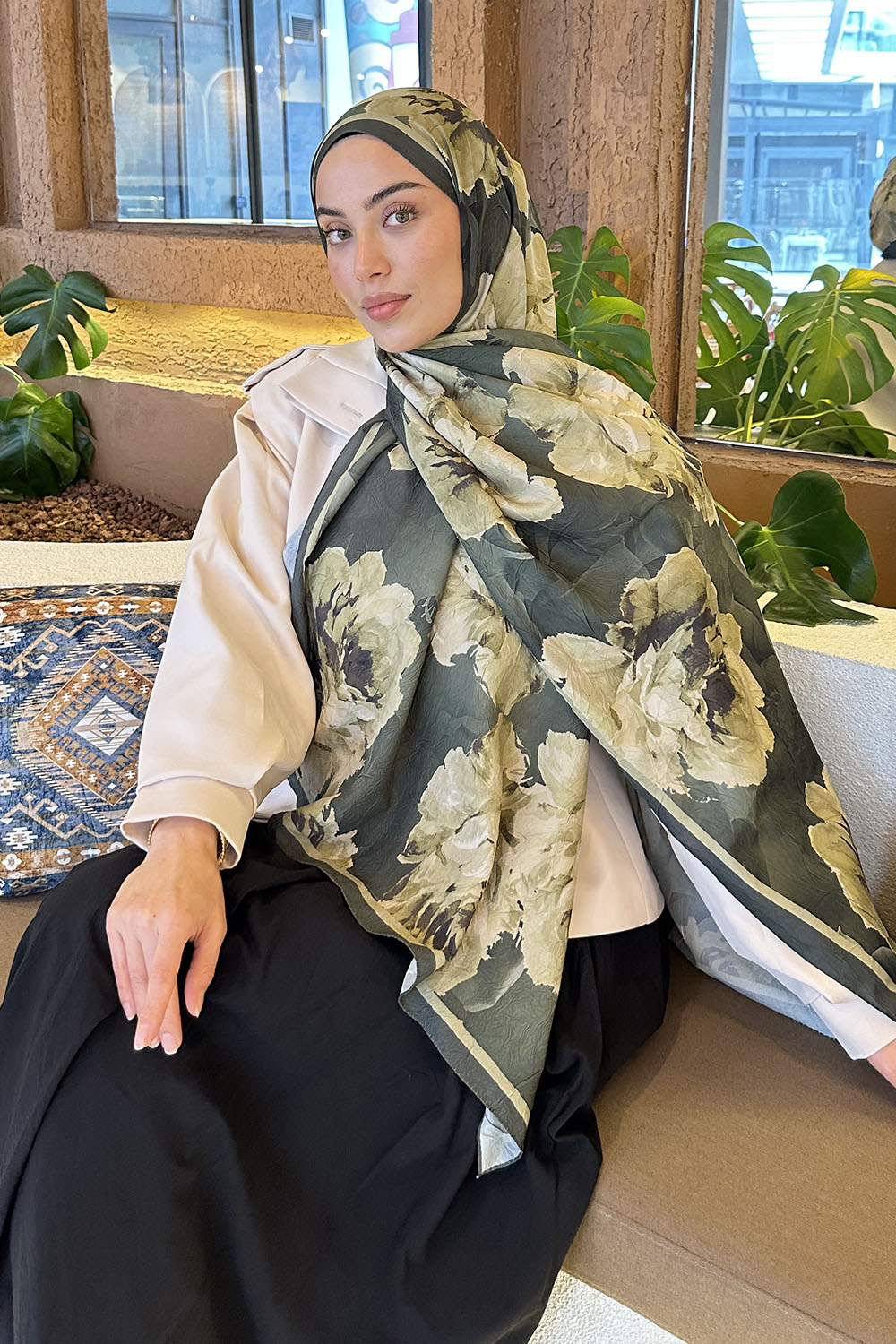 Lamelif Flower Desen Bambu Şal Haki