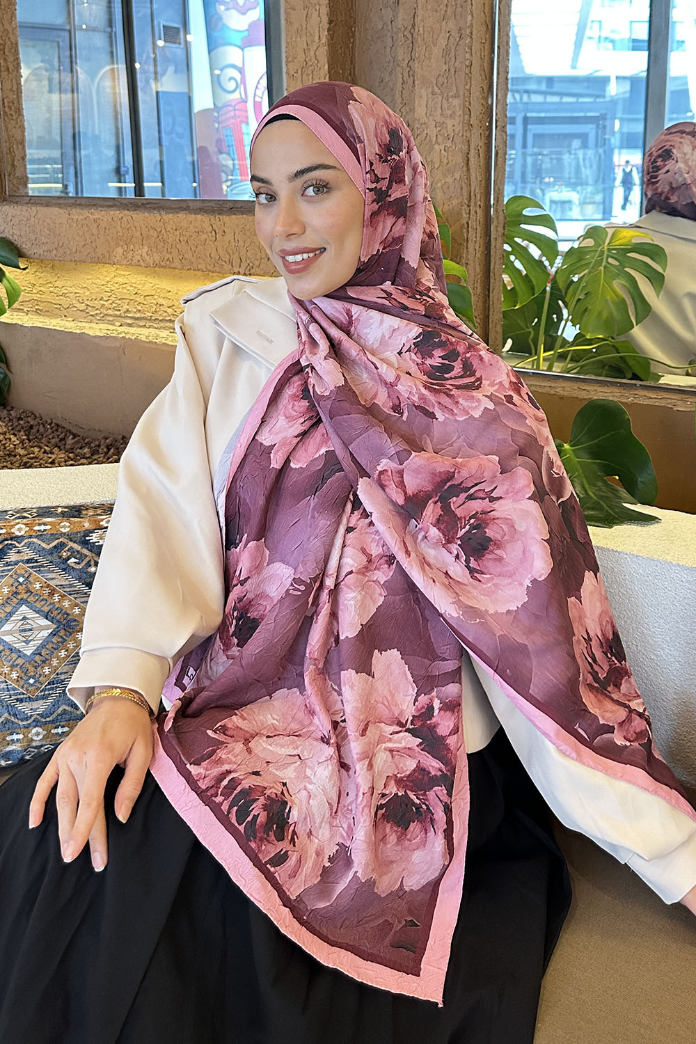 Lamelif Flower Desen Bambu Şal Şeker Pembe