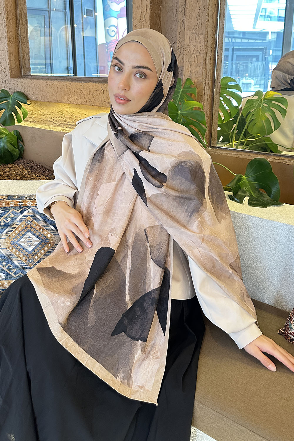 Lamelif Yaprak Desen Bambu Şal Camel