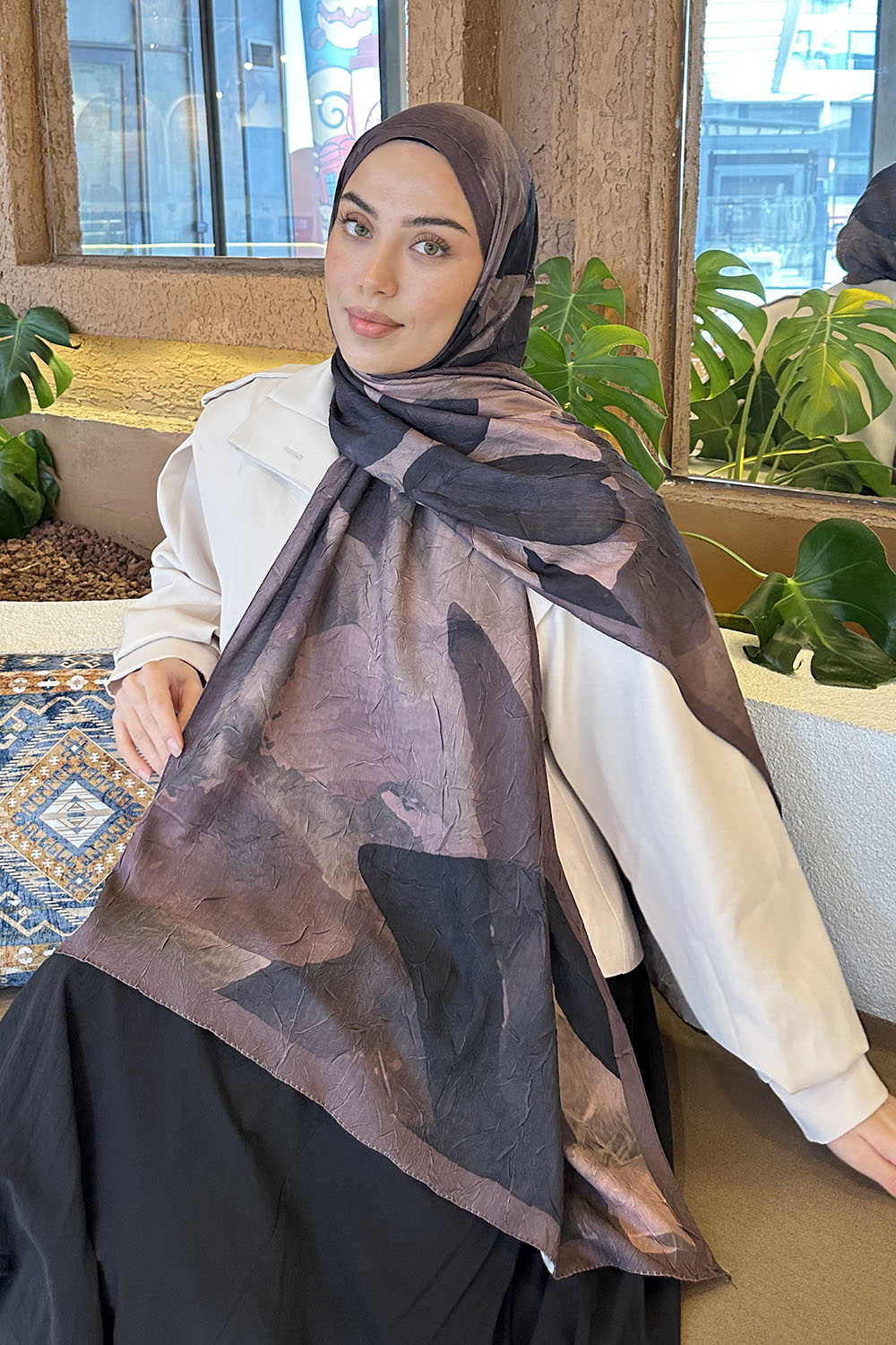 Lamelif Yaprak Desen Bambu Şal Kahverengi