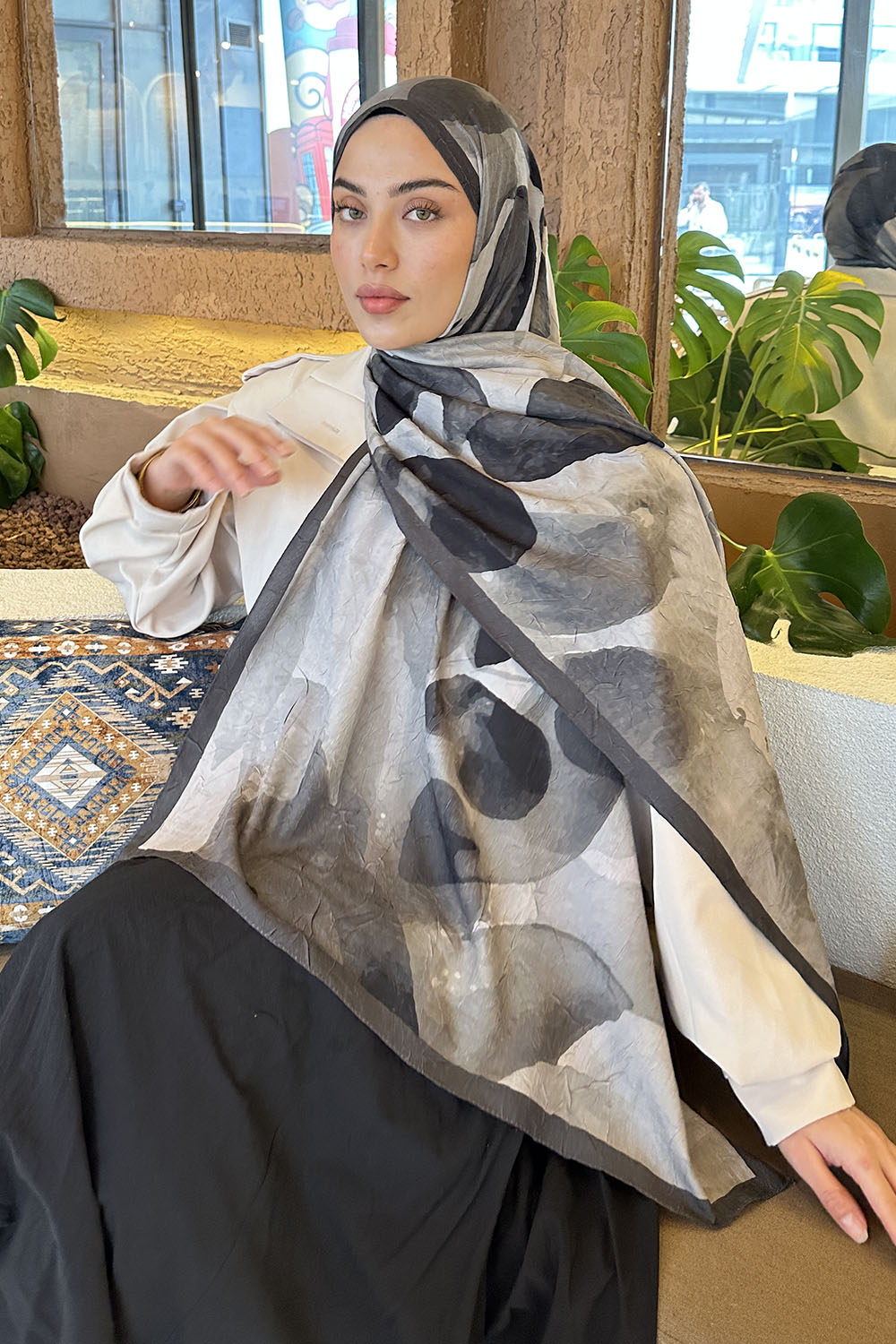 Lamelif Yaprak Desen Bambu Şal Koyu Yeşil