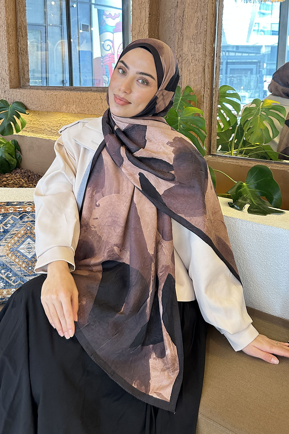 Lamelif Yaprak Desen Bambu Şal Sütlü Kahve