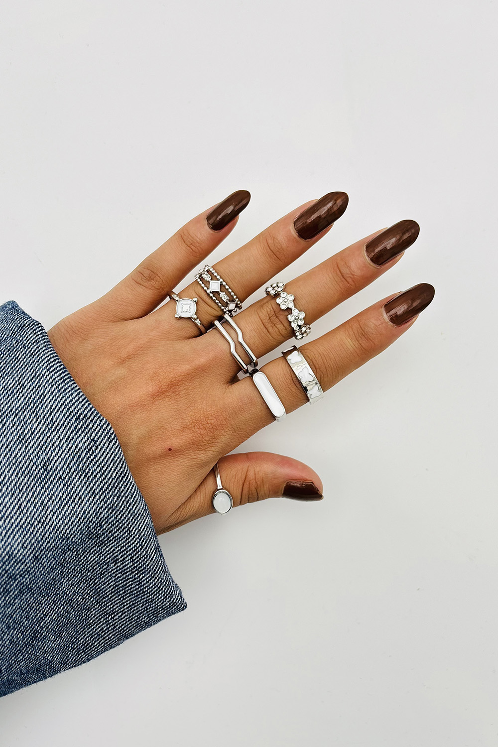 Lamelif Gümüş 7li Kombin Çiçekli Yüzük Seti