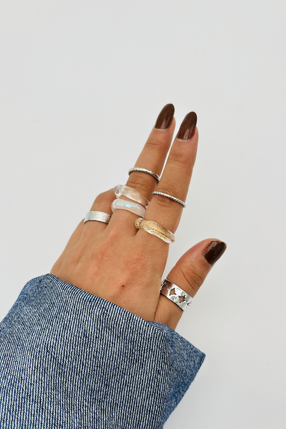 Lamelif Gümüş 7li Kombin Sedefli Yüzük Seti