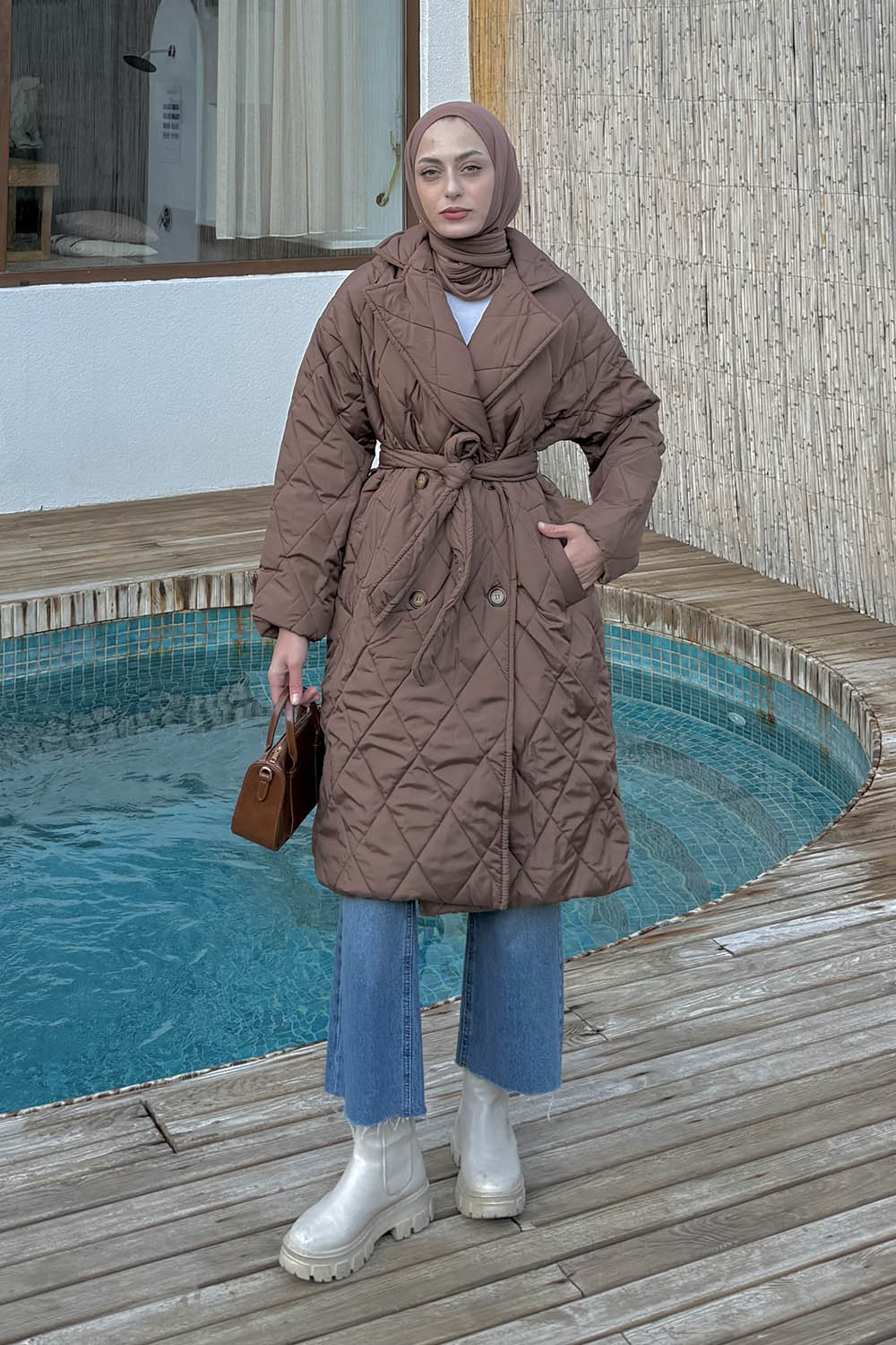 Lamelif Bağlama Detaylı Kapitone Mont Acı Kahve