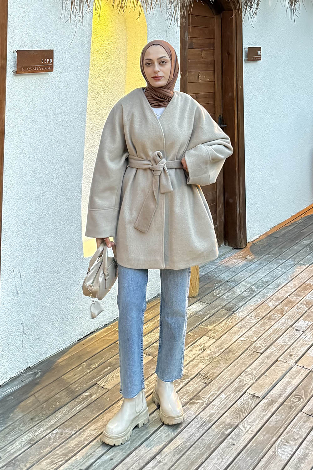 Lamelif Bağlama Detaylı Kaşe Kaban Vizonrengi