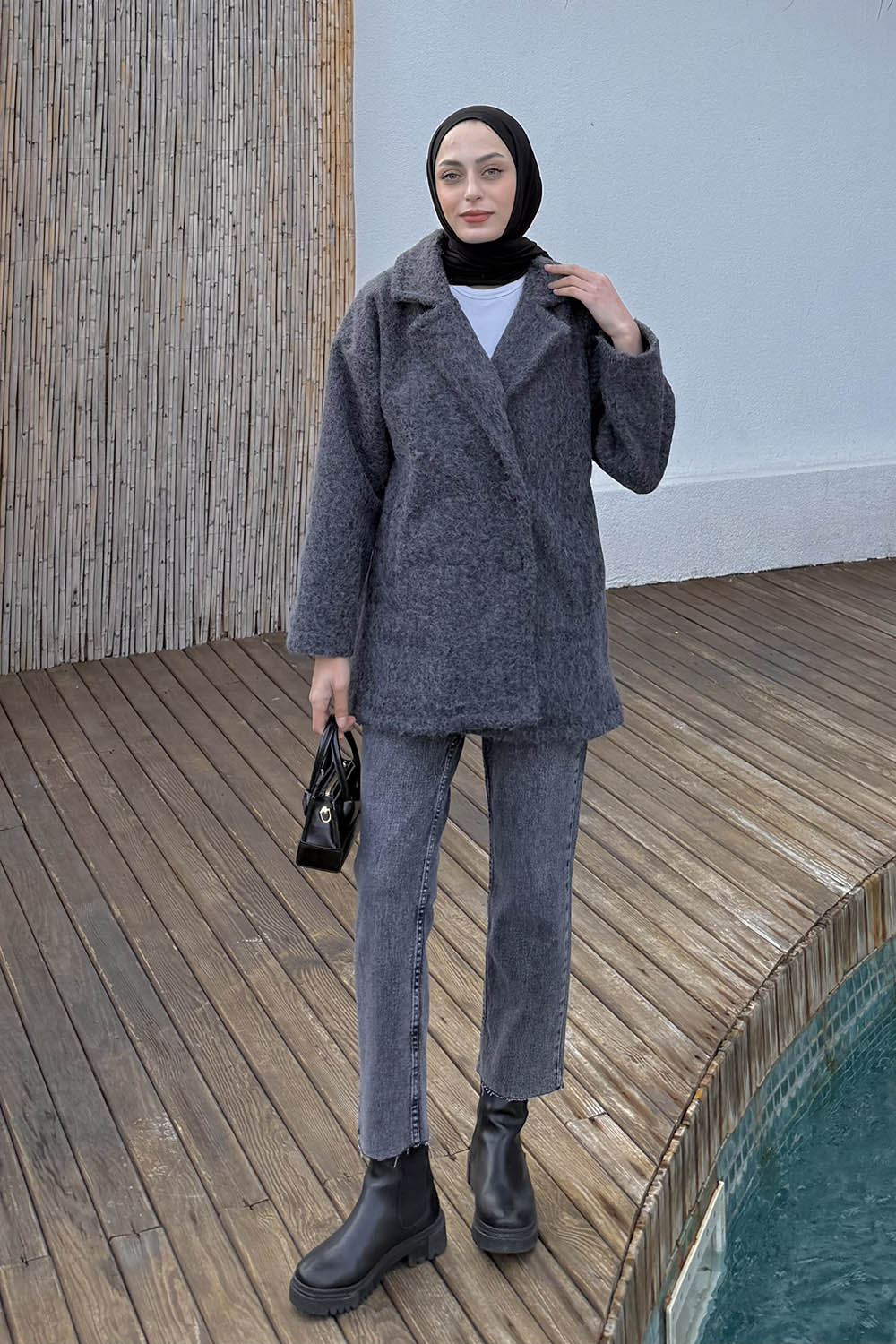 Lamelif Düğmeli Klasik Kaban Antrasit