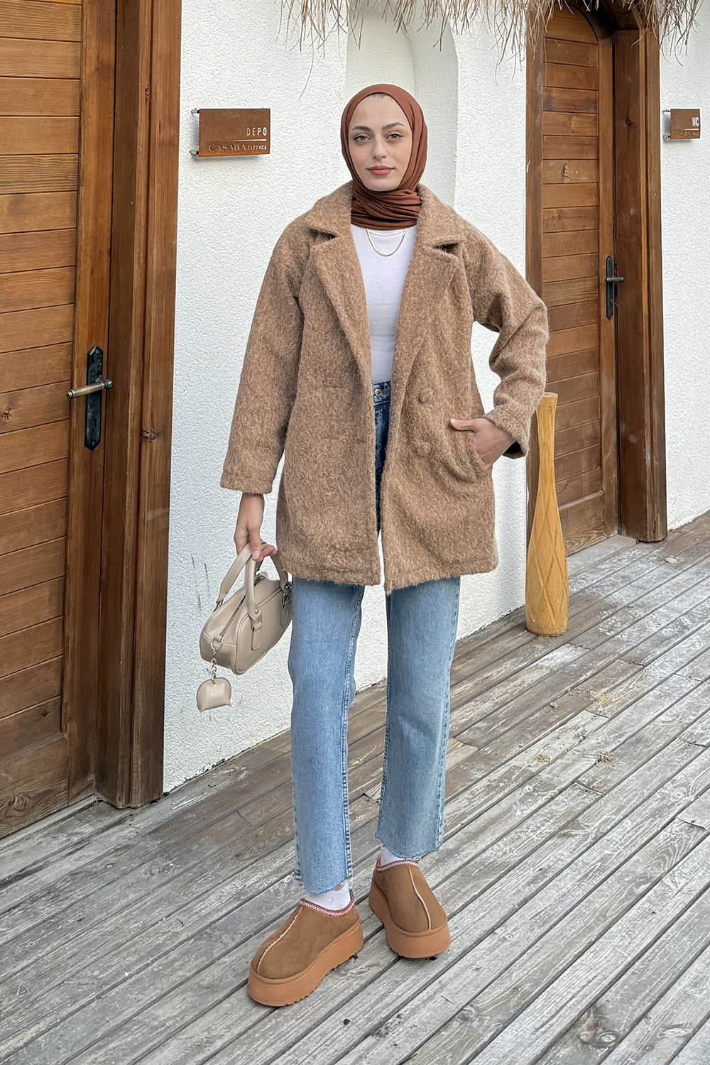 Lamelif Düğmeli Klasik Kaban Camel