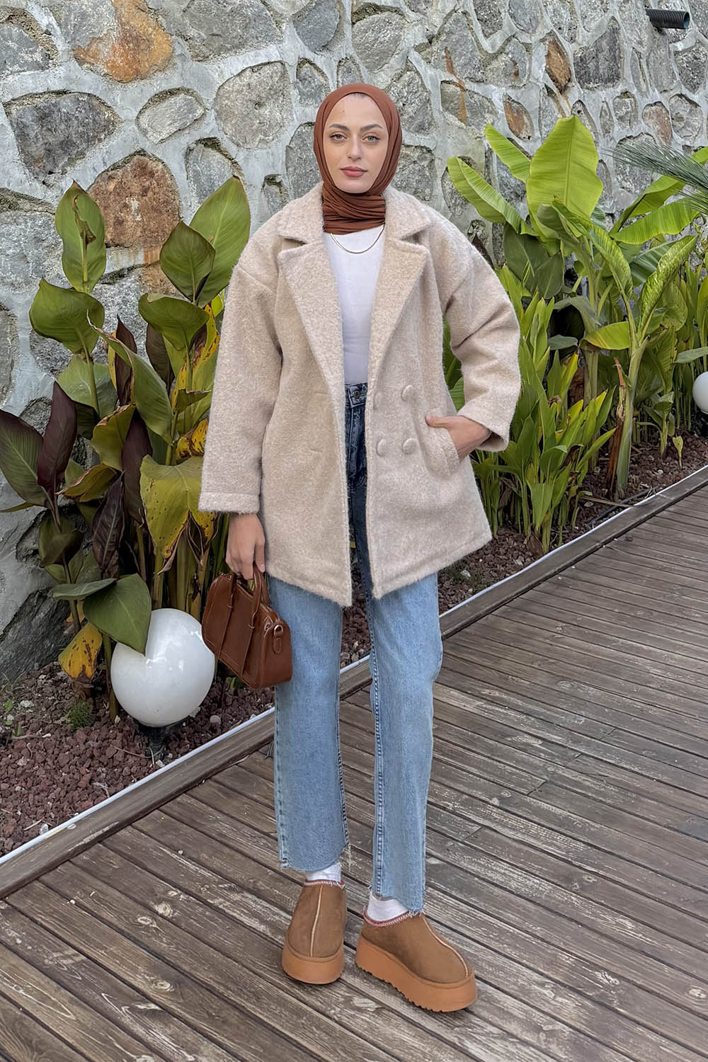 Stone Jacket Collar Long Arm Polyester Coat