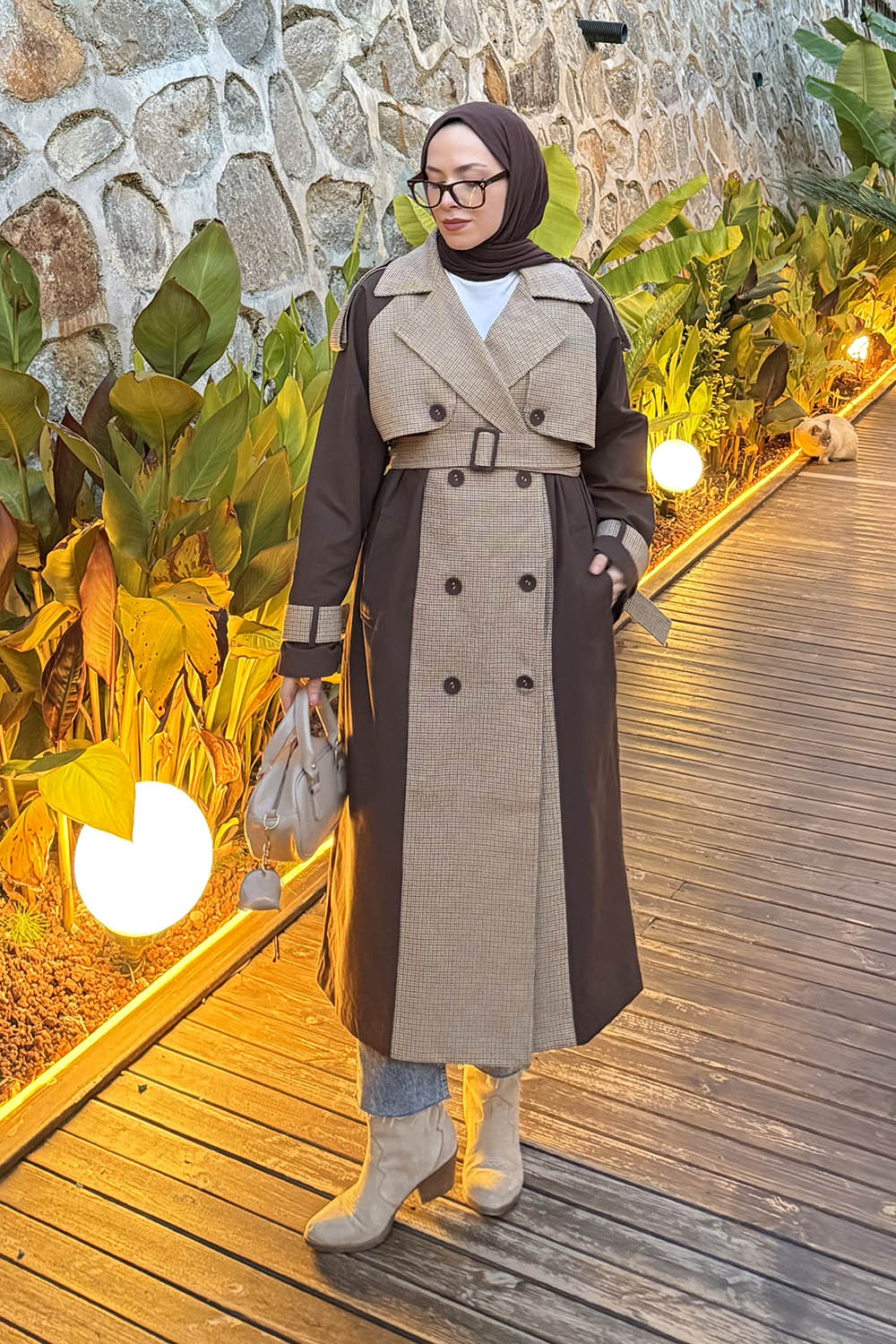 Lamelif Ekoseli Reglan Trençkot Acı Kahve