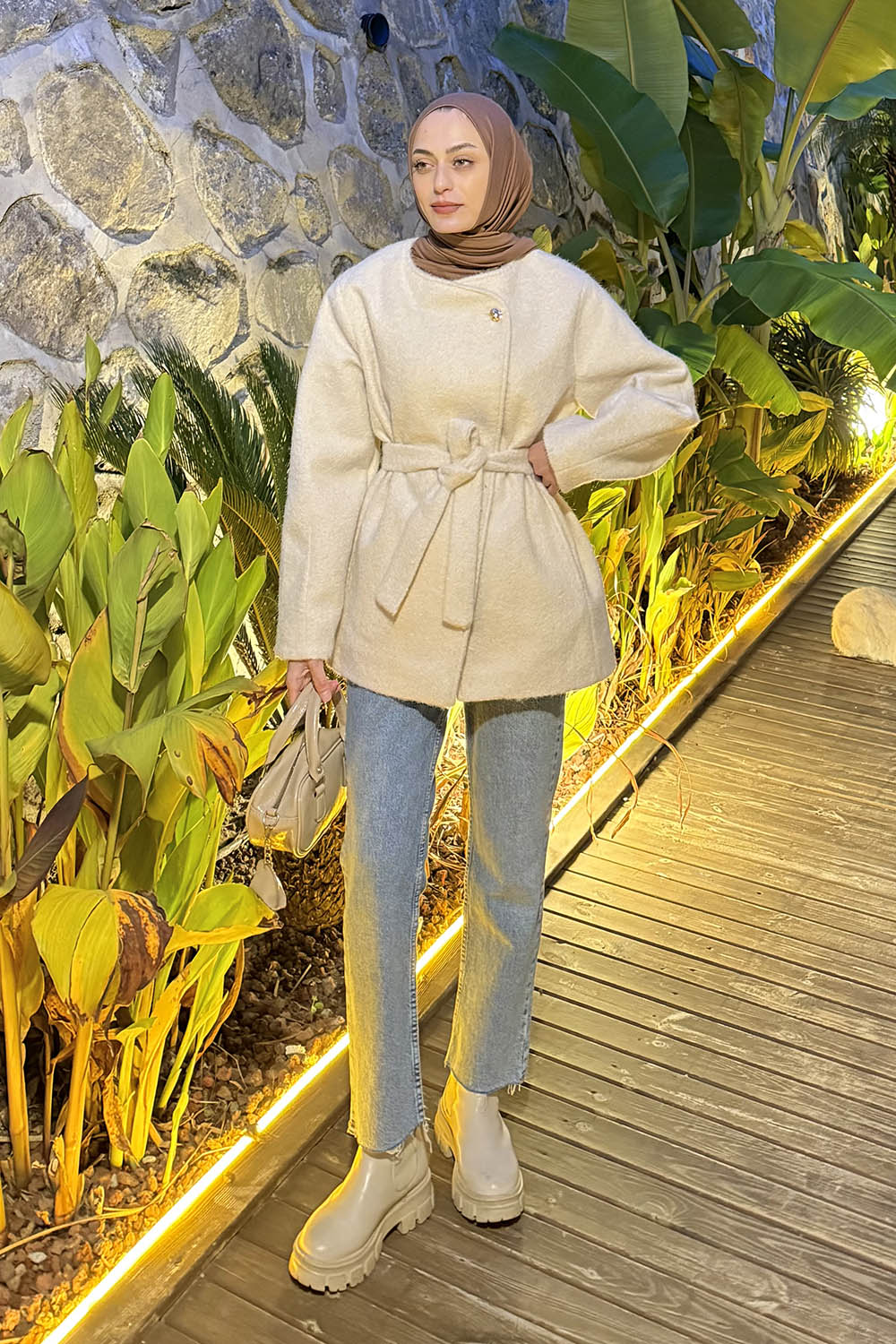 Lamelif Gold Düğmeli Kaban Ekru